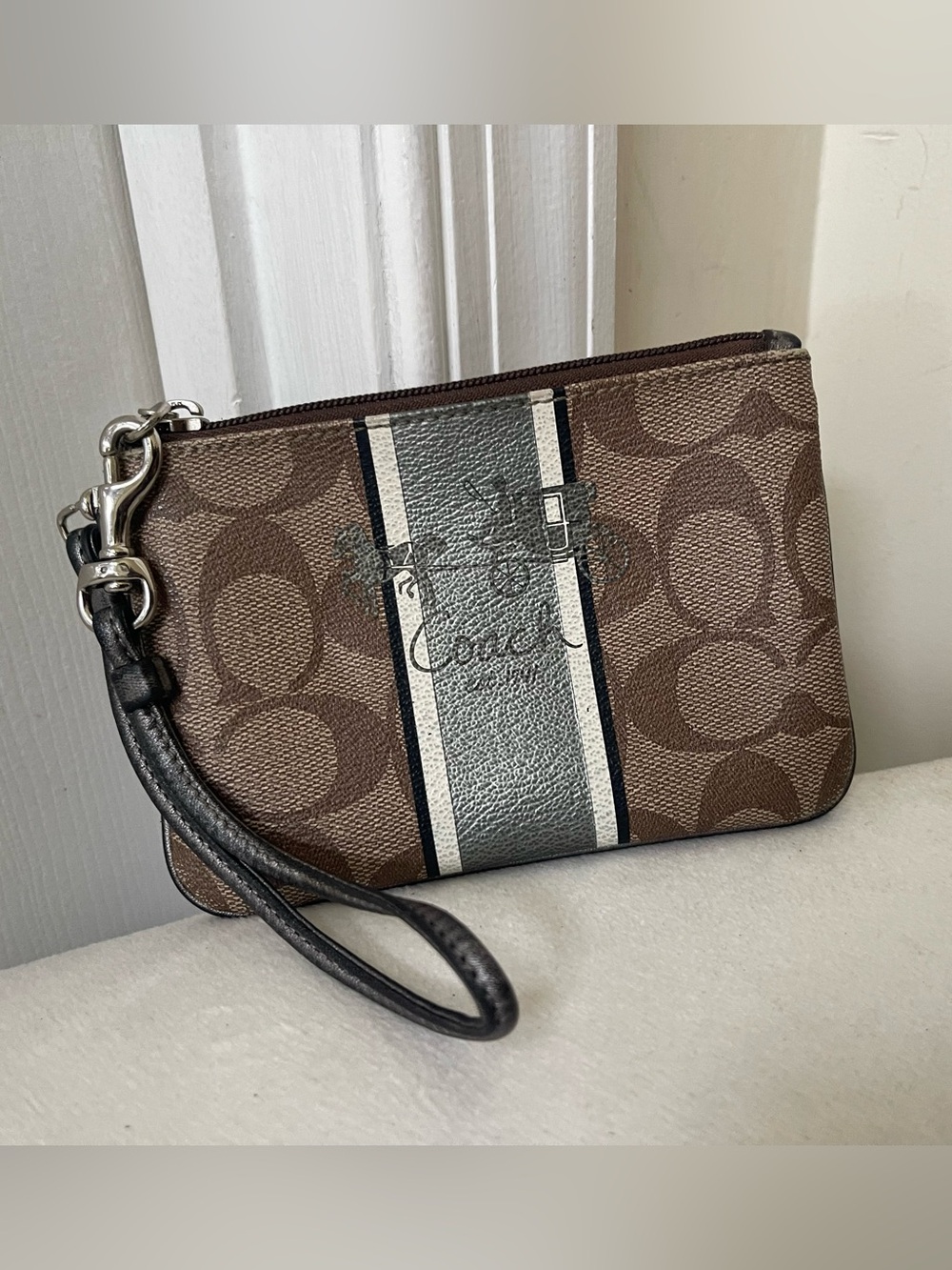 Coach Brown Signature Stripe Wristlet with Black and Cream Center Stripe - Picture 6 of 8